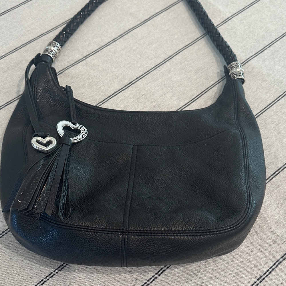 Brighton Black Leather Shoulder Bag with Braided Strap